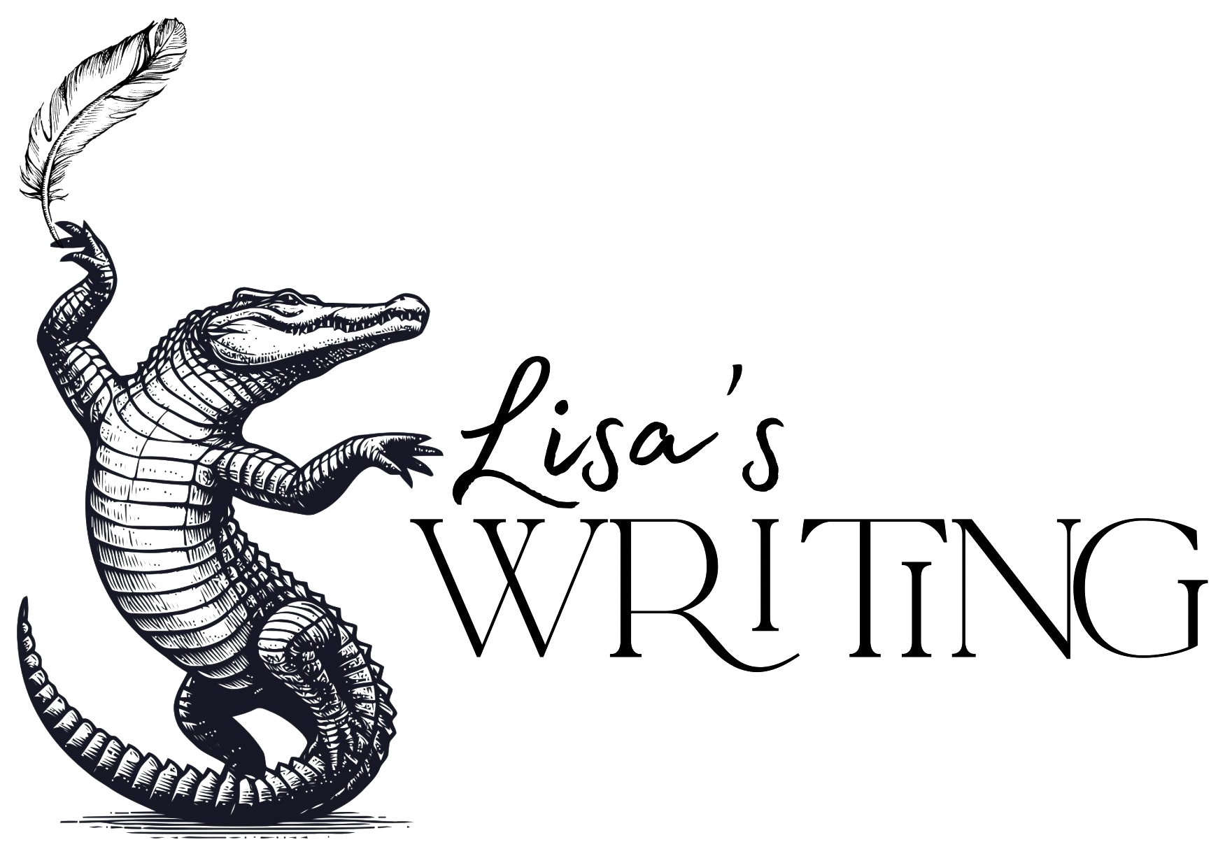 Lisa's Writing logo — alligator with a feather quill